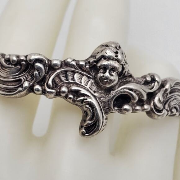 Solid Sterling Silver Cuff Embossed Cherub Angel Bracelet Victorian Revival 24g - Picture 2 of 12